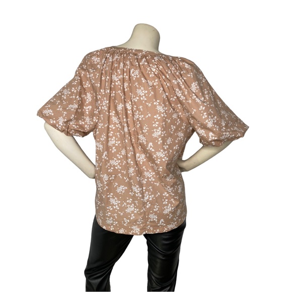 LANE BRYANT Tan Beige & White Floral Short-Puff Sleeve Split-Neck Top Blouse, 18 - Picture 6 of 14